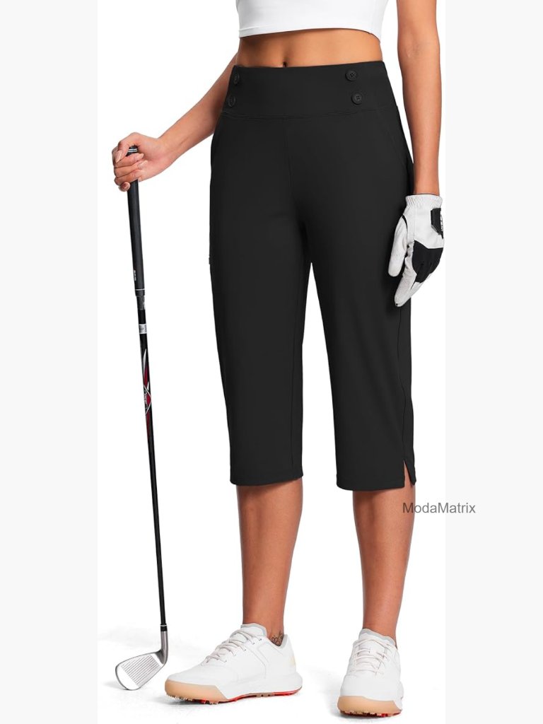 Women's High Waist Stretch Capri Pants With Pockets For Golf Work Casual
